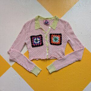 Upcycled Designer Long Sleeve Knit Granny Square Collared Crop Top Megan O'Cain